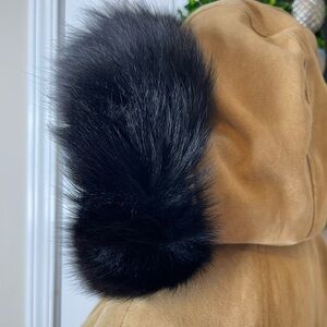 IZZI FOX FUR! Women's Tan Coat W/ REAL BLACK FOX Fur Hood SIZE S